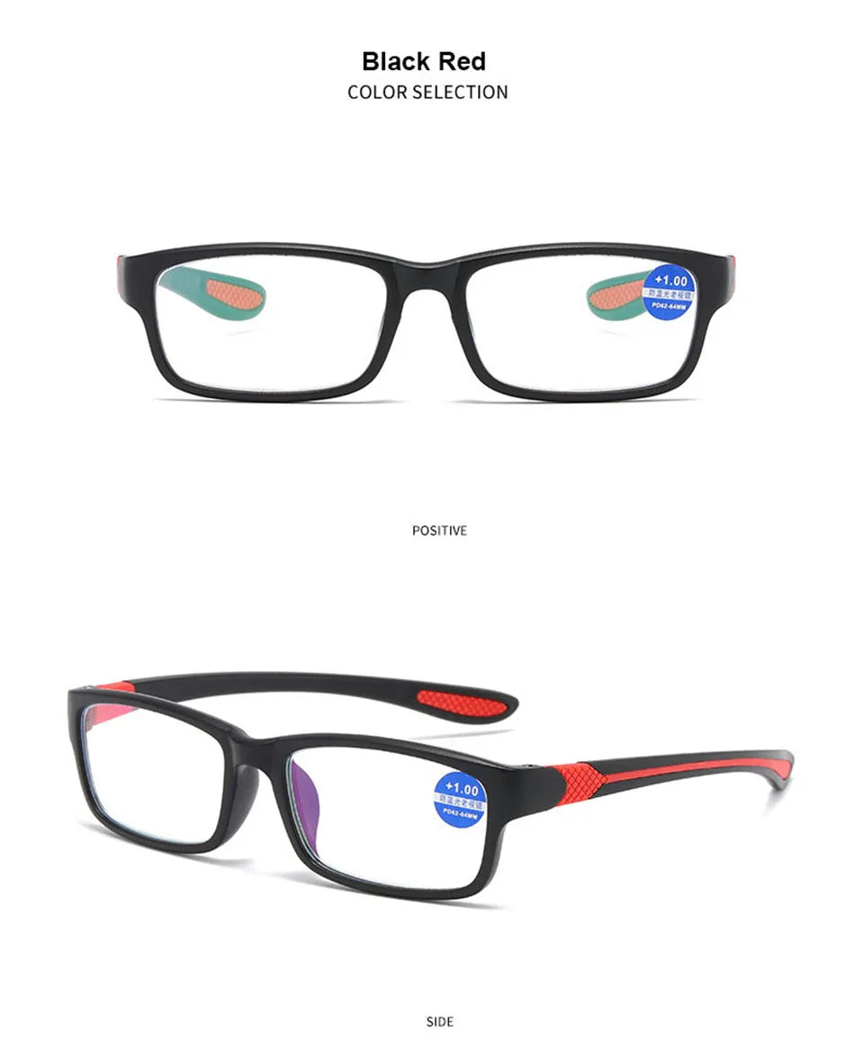 Reading Glasses For Men Women Sports Anti-blue Light Reading Eyewear Black Red TR90 Frame Presbyopia Eyeglasses +100 to+400