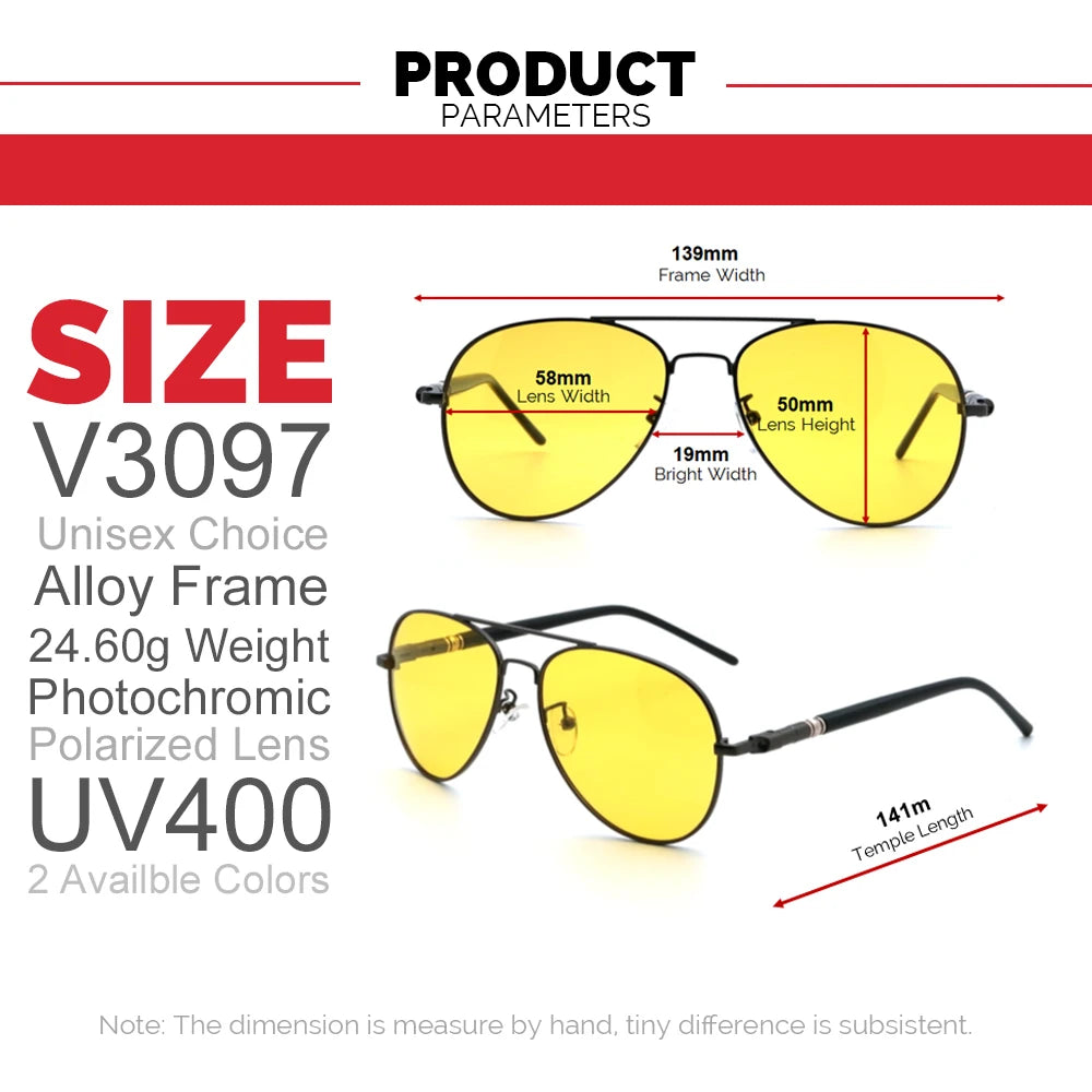 VIVIBEE Men Photochromic Night Vision Polarizing Sun Glasses Pilot Style Aluminum Women Polarized Driving Sunglasses Yellow