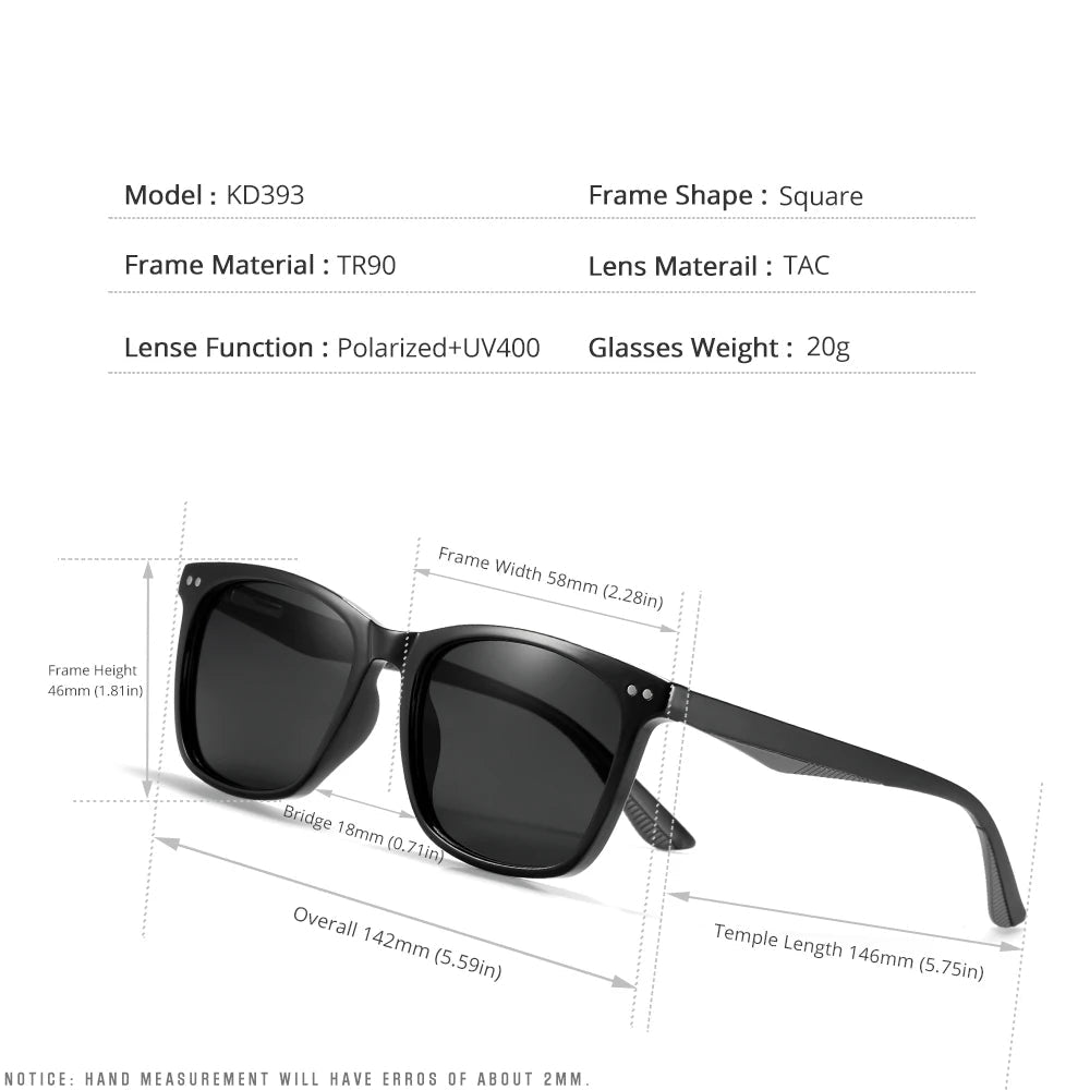 KDEAM Men's Square Sunglasses Polarized Lens TR90 Material Frame Spring Stainless Steel Hinges Fishing Sun Glasses KD393