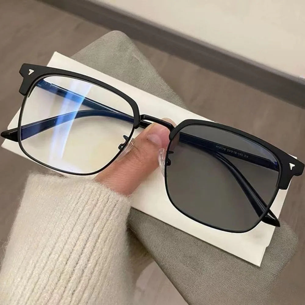 Photochromic Anti Radiation Blue Light Eyeglasses Square Metal Frame Computer Glasses for Women Men Replaceable Lens