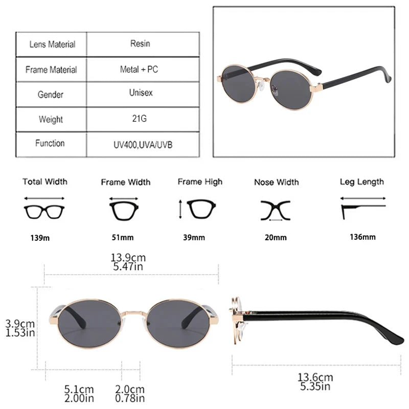 JNPCXI New Vintage Small Metal Oval Women Sunglasses Fashion Clear Gradient Shades UV400 Men Punk Sun Glasses