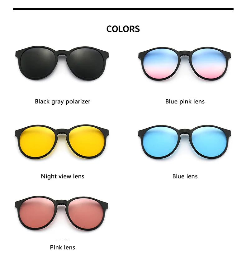 6 In 1 Polarized Sunglasses Men Women Magnetic Clip On Glasses TR90 Optical Prescription Eyeglass Frames Magnet Clips 2231