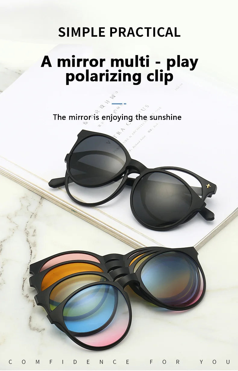 6 In 1 Polarized Sunglasses Men Women Magnetic Clip On Glasses TR90 Optical Prescription Eyeglass Frames Magnet Clips 2231