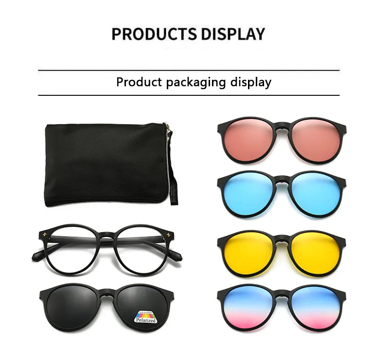6 In 1 Polarized Sunglasses Men Women Magnetic Clip On Glasses TR90 Optical Prescription Eyeglass Frames Magnet Clips 2231