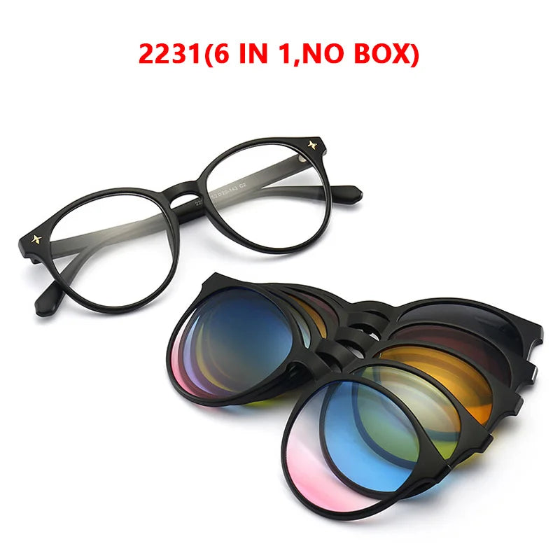 6 In 1 Polarized Sunglasses Men Women Magnetic Clip On Glasses TR90 Optical Prescription Eyeglass Frames Magnet Clips 2231