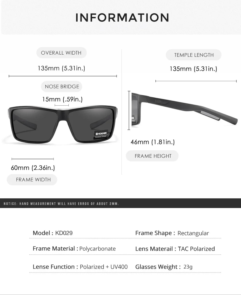 2025 KDEAM Brand Square Glasses Men's Driving Polarized Sunglasses Outdoor Travel Fashion Sunglass Silicone Nose Support UV400