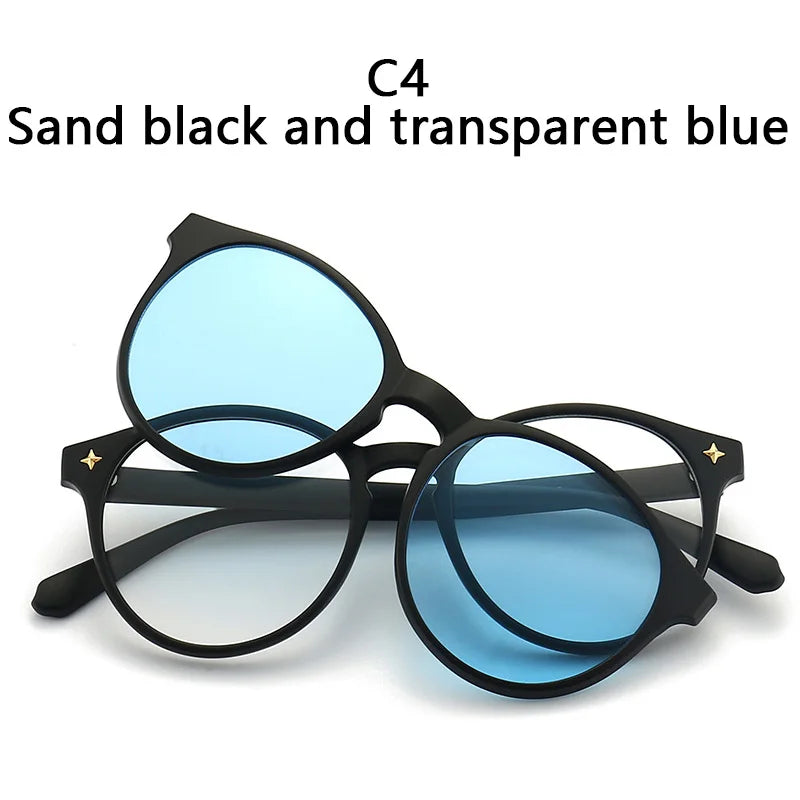 6 In 1 Polarized Sunglasses Men Women Magnetic Clip On Glasses TR90 Optical Prescription Eyeglass Frames Magnet Clips 2231