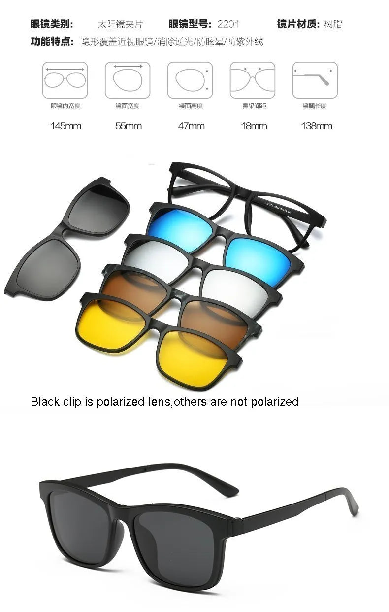 6 In 1 Custom Men Women Polarization Optical Magnetic Sunglasses Clip Magnet Clip on Sunglasses Clip on Sun Glasses Frame