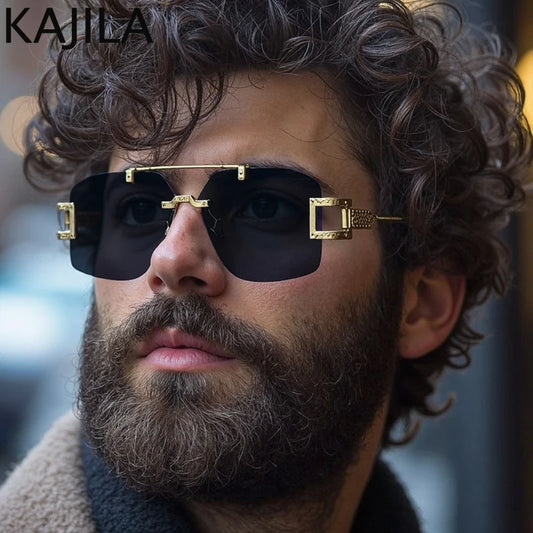 Square Rimless Punk Sunglasses Men 2025 Luxury Brand Vintage Steampunk Frameless Polygon Double Beam Sun Glasses For Male UV400