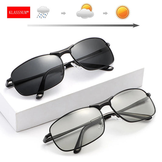 KLASSNUM Photochromic Sunglasses Men Vintage Metal Frame Polarized Sun Glasses For Male Night Vision Women Driving Sunglasses